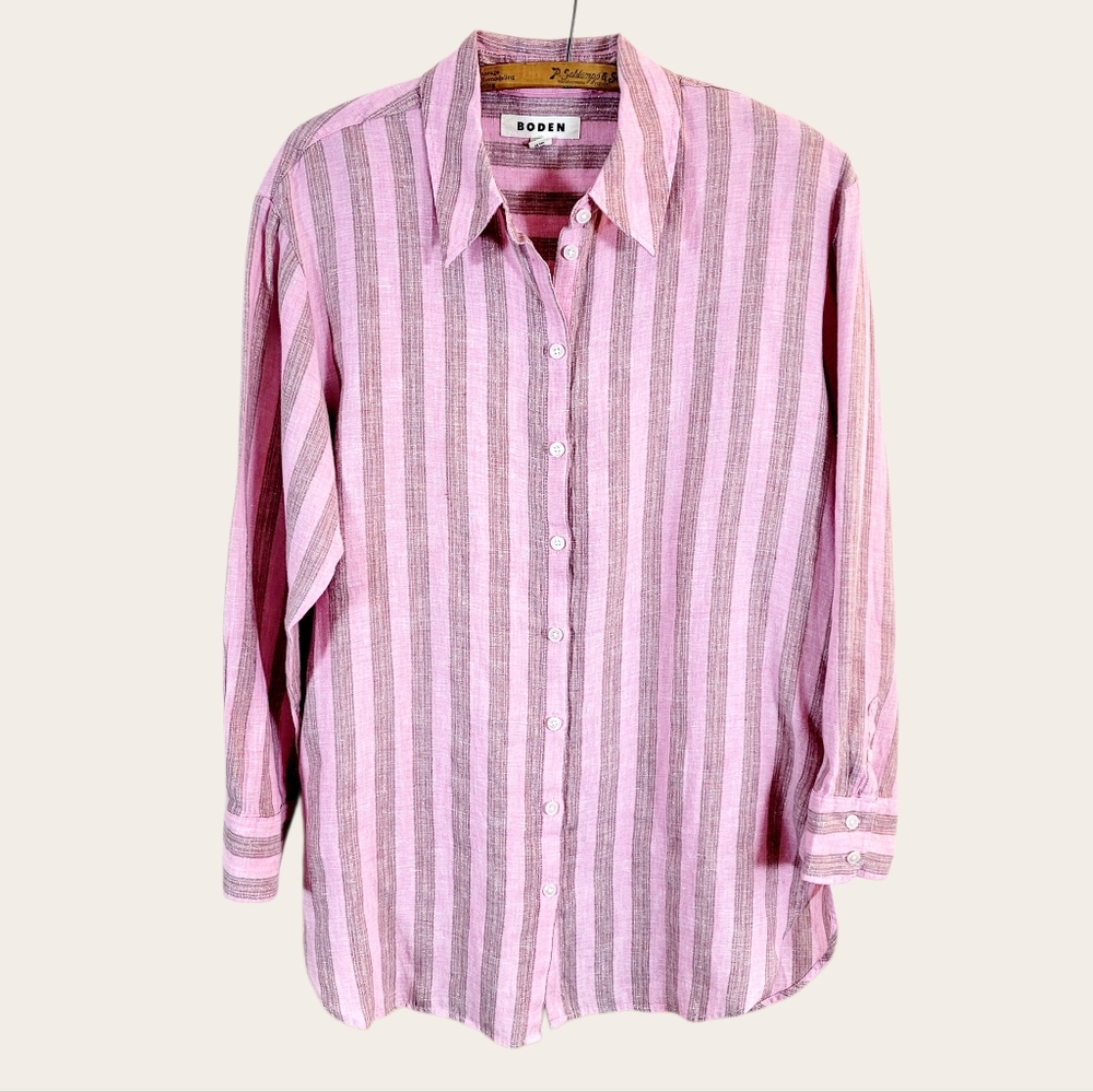 BODEN Linen Blend Relaxed Oversized Formica Pink Sparkle Stripe Shirt 6 Petite - Picture 4 of 11